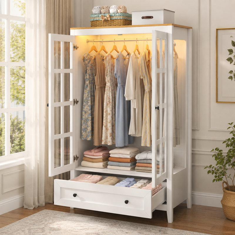 Armoire-penderie autoportante 31,5 po avec lumière DEL, armoire de rangement moderne pour vêtements avec tiroir et tringle, organisateur de garde-robe de chambre à coucher