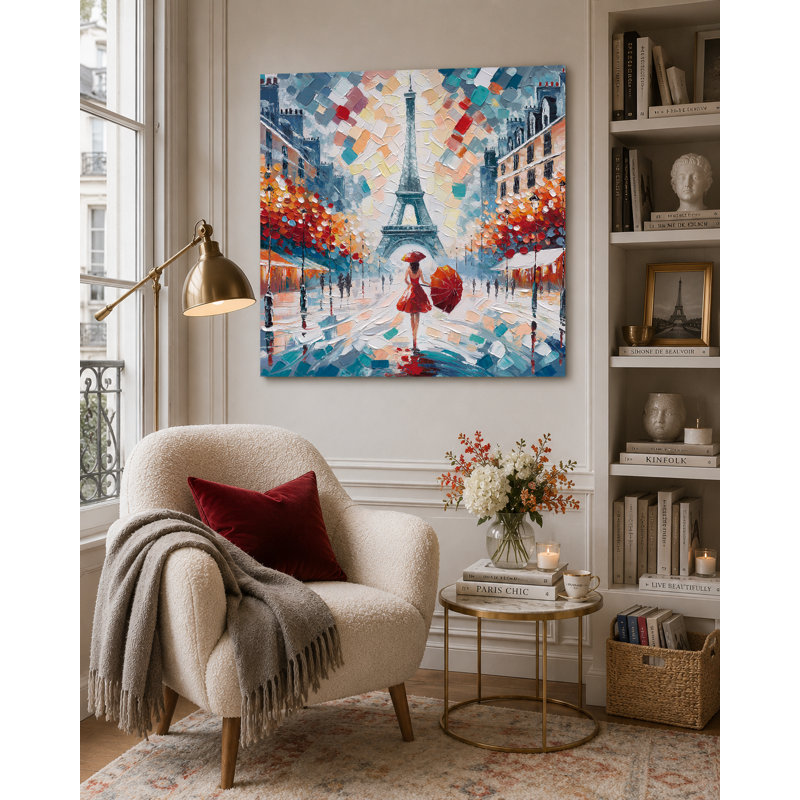 Peinture à l'huile texturée de la Tour Eiffel et d'une dame se promenant avec un parasol rouge sur toile