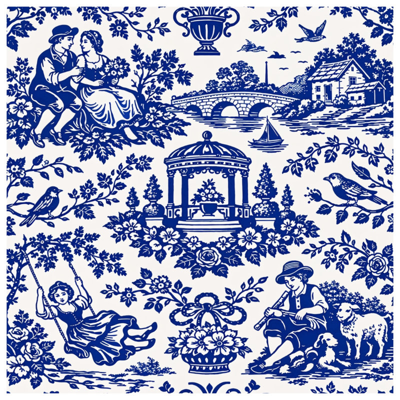 Blue Toile Pattern Quilted Thin Bedspread, Twin