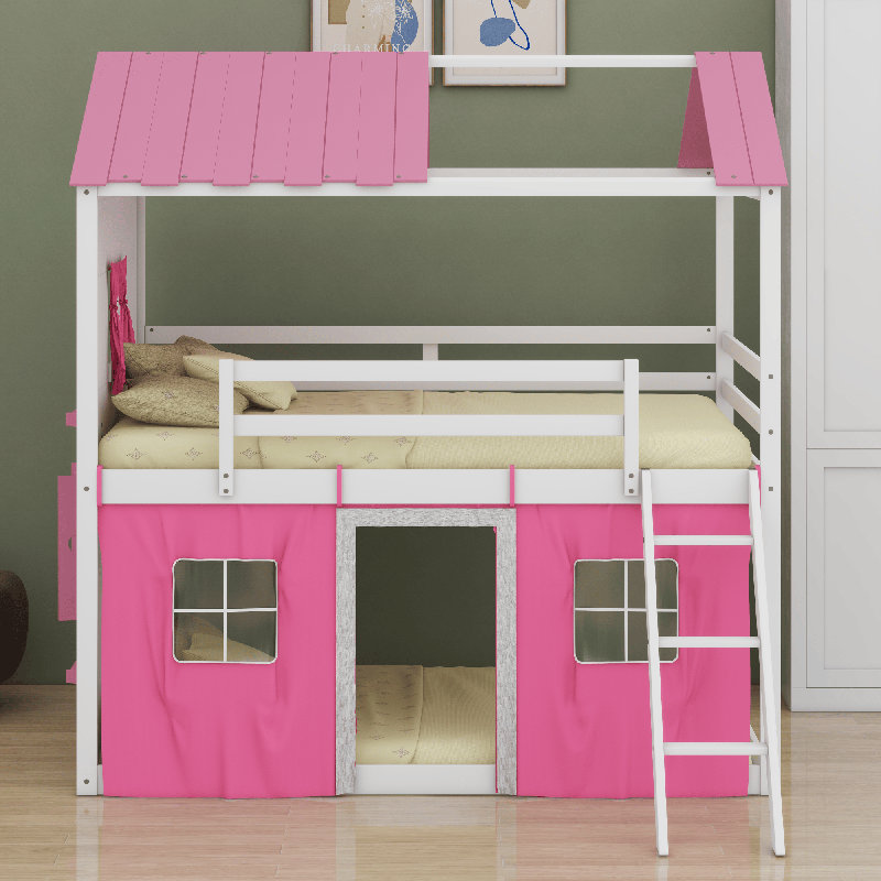 Lit superposé en bois avec fenêtres élégantes, Rose/Blanc