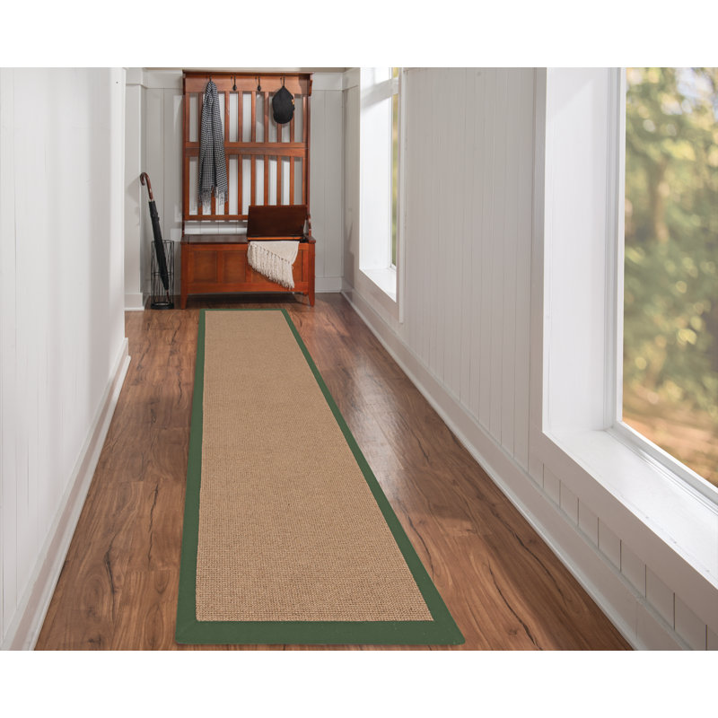 Nannette Handmade Dark Beige Berber with Green Cotton Border Made in the USA Area Rug, Runner 2'6" x 12'