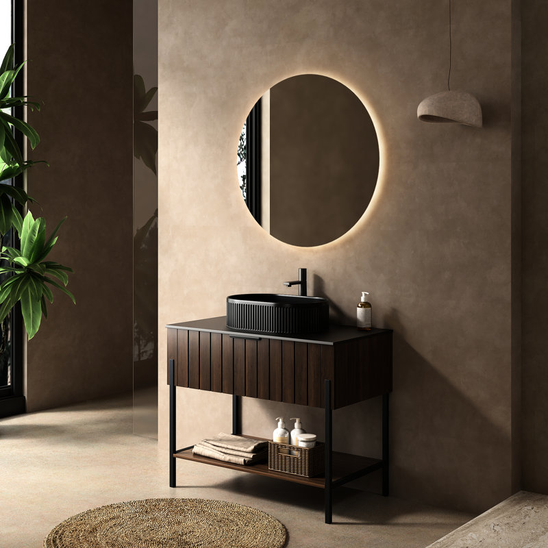 36'' Freestanding Bathroom Storage Cabinet, Dark Walnut Hue, Black Sintered Stone Top Plate, One Drawer With Finger Joint, High - Performance Particle Board, Stainless Steel Legs For Space, Drainage