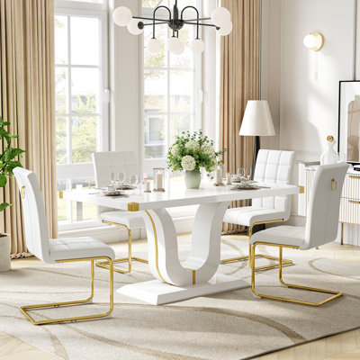 63" Modern White High-Gloss Mdf Dining Table Set With 4 Faux Leather Chairs