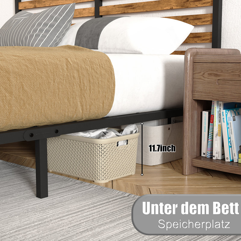 Cadre de lit rustique en métal avec tête de lit en bois et rangement sous le lit