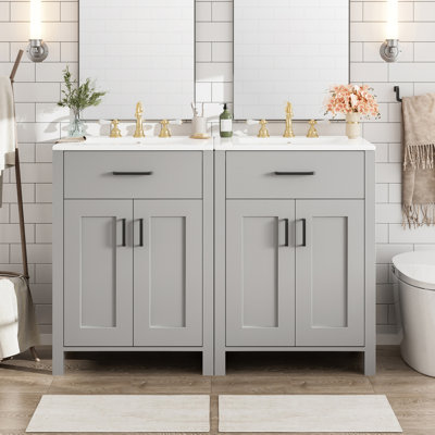 Meuble-lavabo moderne de 48 pouces avec lavabo en céramique, portes à fermeture en douceur, tiroir rabattable, tablettes de porte à double couche, solution de rangement élégante
