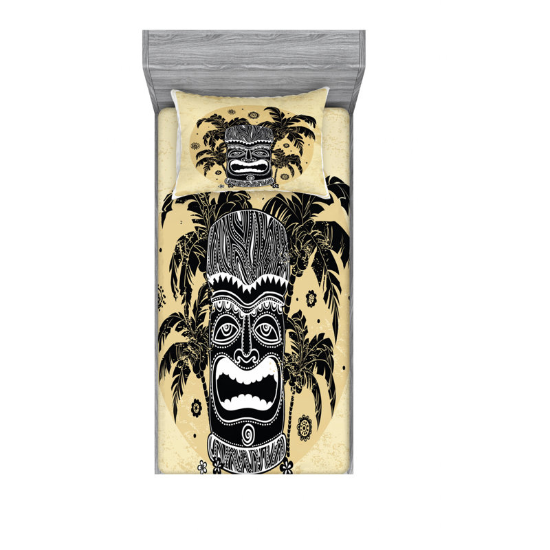 Ensemble de draps Hawaii Tiki Mask Palm Trees Ornate, Ensemble de draps pour lit simple avec drap-housse