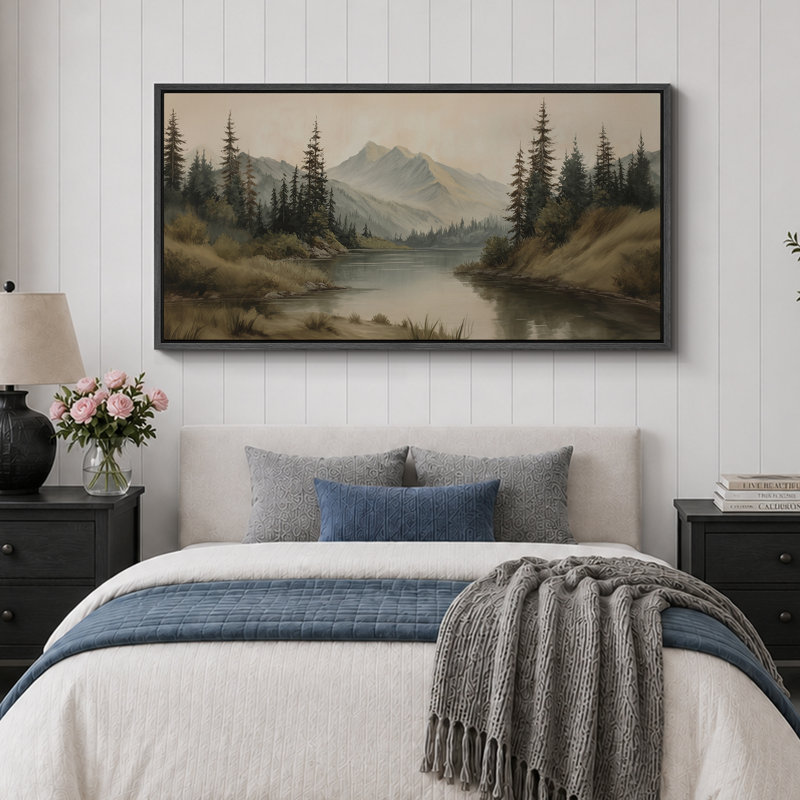 «Misty Mountain Lake with Pine Forest», reproduction d'art sur toile encadrée très grande, Cadre flottant noir