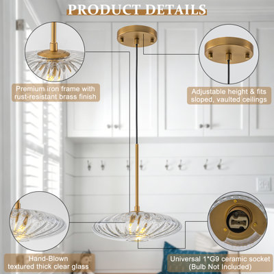 Modern Art Deco 1-Light Ribbed Glass Pendant Light, Antique Brass UFO Hanging Light Fixture with Adjustable Cord for Kitchen Island
