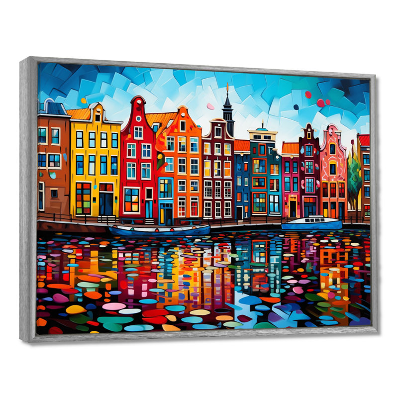 City Amsterdam Popart I - impressions sur toile Amsterdam, H 16 po x l 32 po x P 1 po, Encadrement argenté