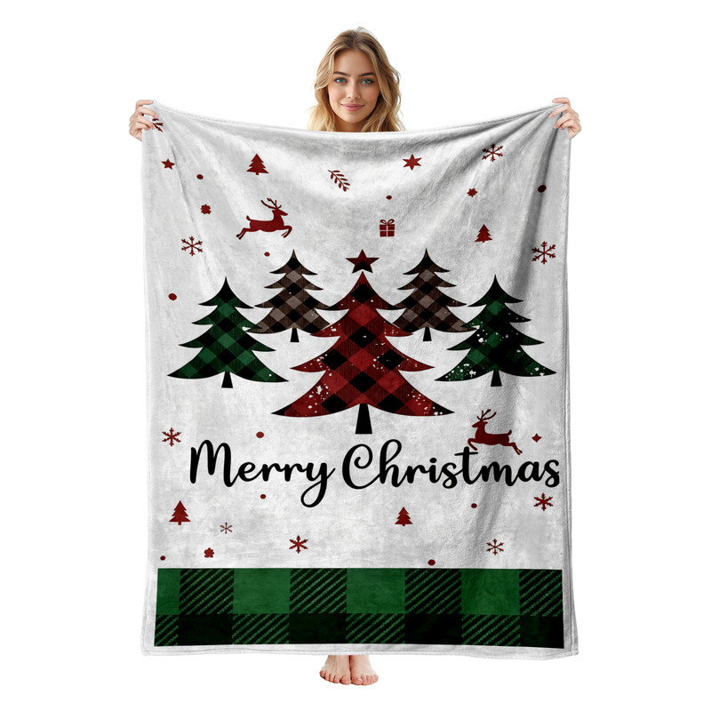 Plaid de Noël en flanelle polaire JYK, léger, respirant, doux et chaud en microfibre pelucheuse, 76 x 102 cm, motif sapins et rennes à carreaux