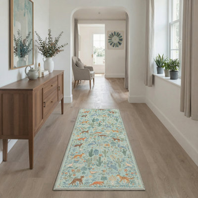 Tavaris Flora Fauna Boho Machine Washable Green / Blue / Brown Indoor Kids Area Rug with Non-SlipBacking