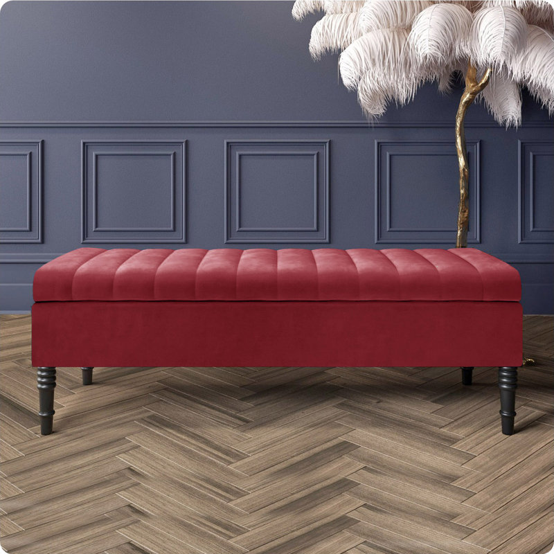 Safar Striped Ottoman Storage Bench – Upholstery Plush Velvet Shoe Bench with Black Turned Wooden Legs, Claret Red