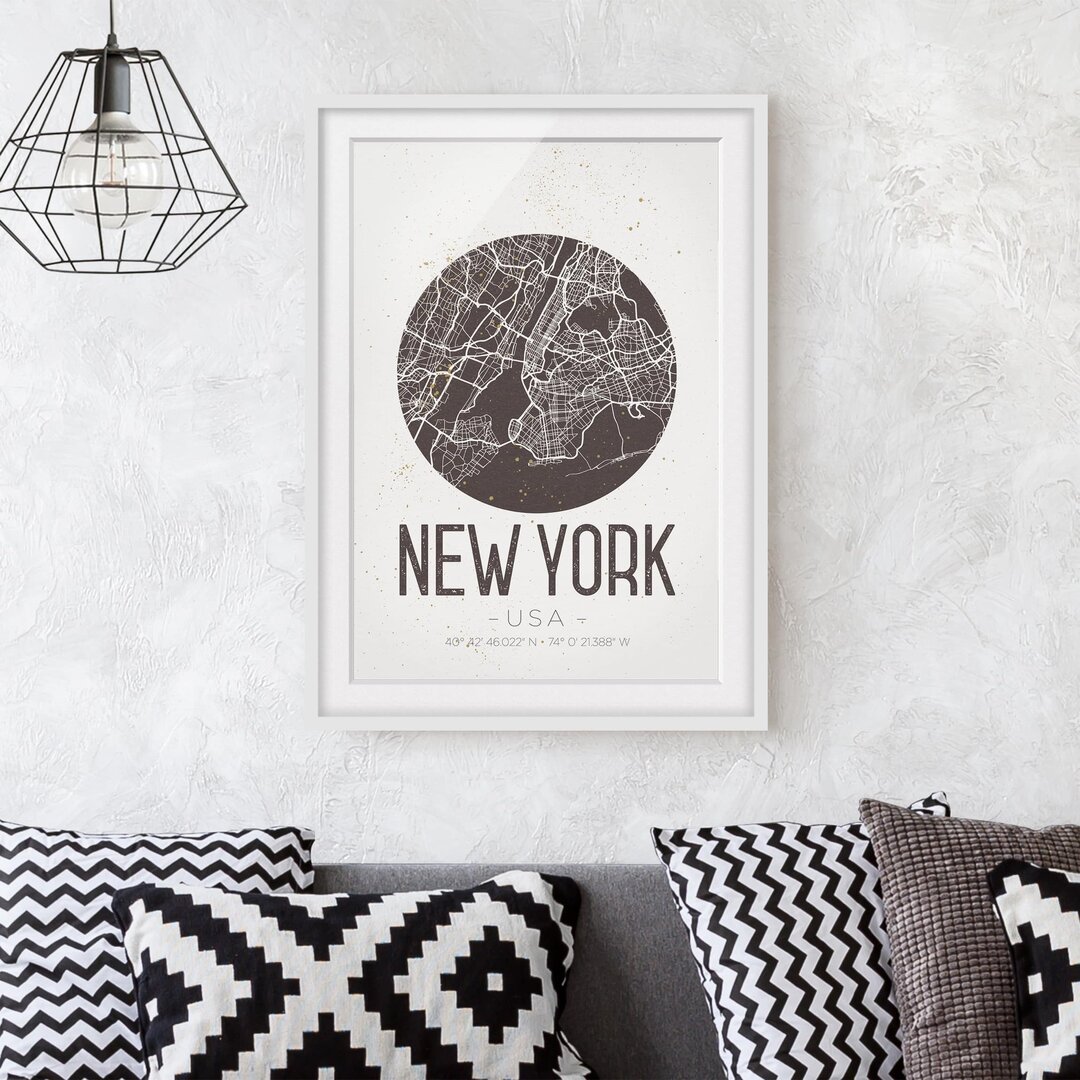 Gerahmtes Plakat-Plan New Yorks - Weinlese