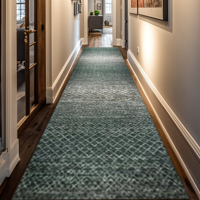 Hand-Knotted High-Quality Green and Beige Area Rug, Runner 2'7" x 11'11"
