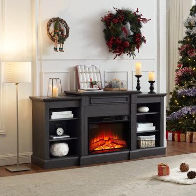 Console multimédia avec grande armoire de rangement, avec foyer encastré de 23 po, pour téléviseur de 70 po ou moins, meuble télé multimédia moderne, gris
