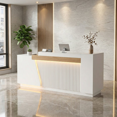 Bureau de réception en L moderne avec tiroir verrouillable, lumières DEL et prises intégrées, parfait pour le comptoir de caisse, le salon, le bureau et la réception du service à la clientèle