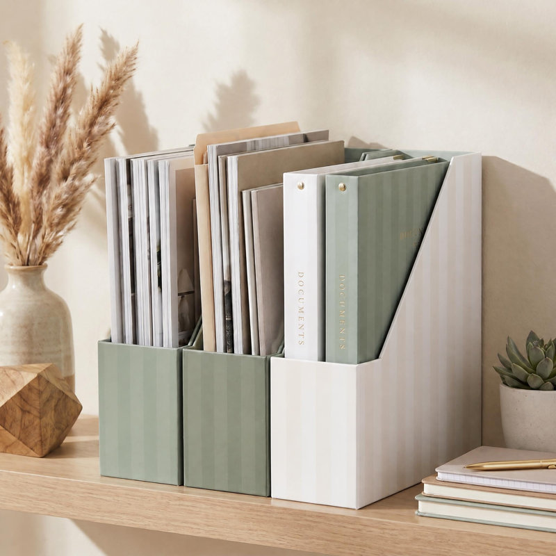 Magnifique porte-revues, porte-classeur robuste pour le bureau ou les tablettes, organisez et organisez vos documents, dossiers, magazines, livres ou reliures, ensemble de 3 (sauge)