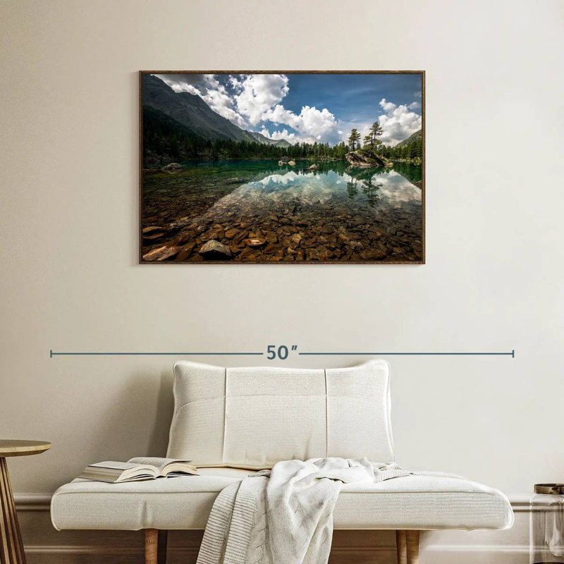 Paysage de lac tranquille, 37 po x 25 po, Cadre flottant en noyer