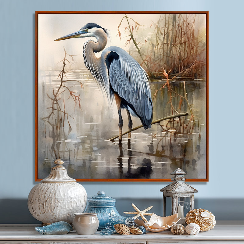 «Graceful Heron Waterbird IV - Heron», art mural, H 16 po x l 16 po, Érable, Reproduction avec cadre flottant