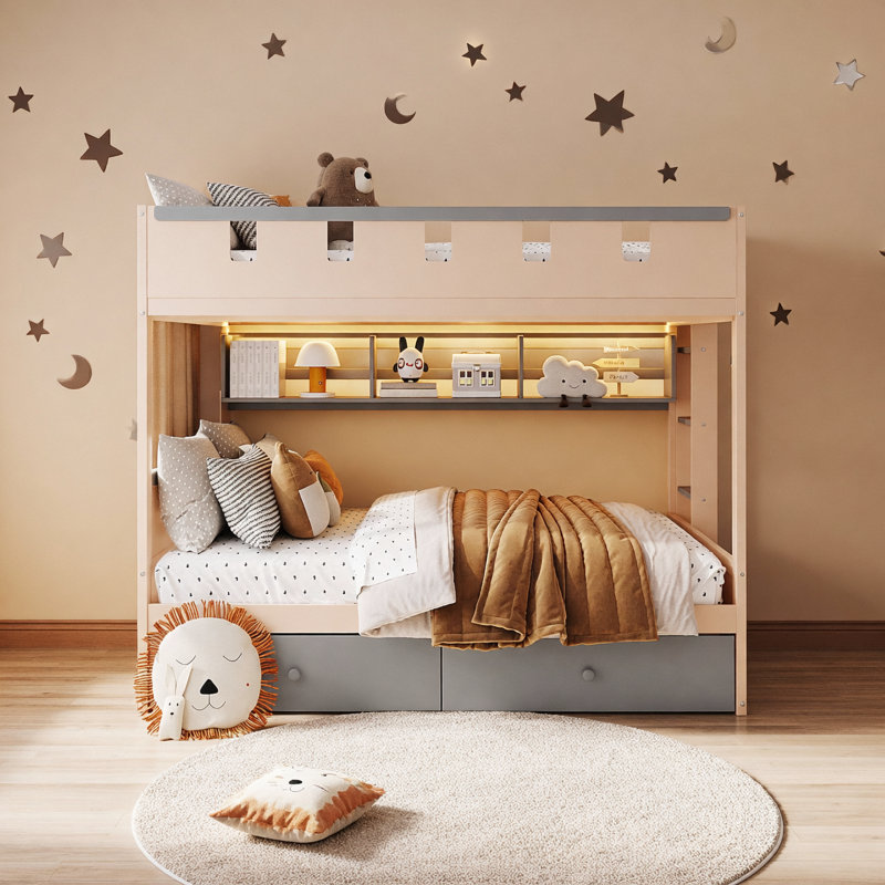 Lit superposé double pleine grandeur de style château avec 2 tiroirs, tablette et DEL, gris, Grey/Beige, Double sur double