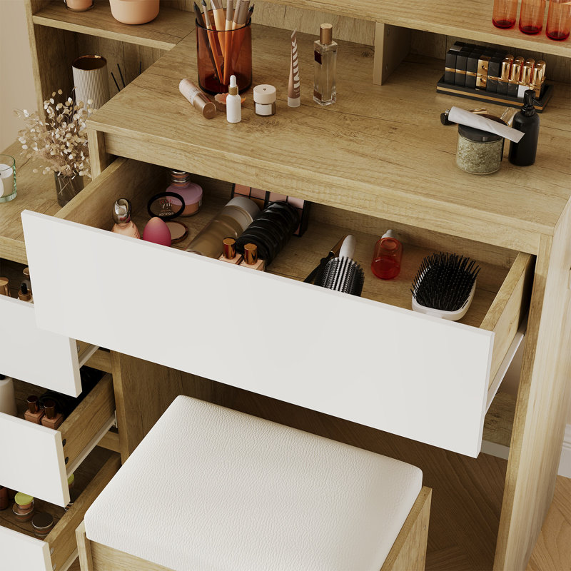 Bureau de coiffeuse avec miroir et lumières réglables, prise de courant intégrée et espace de rangement, Beige