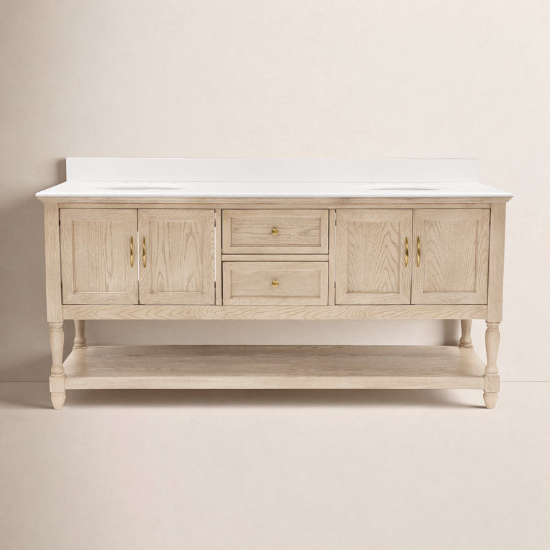 Hampton 72" Double Bathroom Vanity Set, Engineered White, Greige Oak