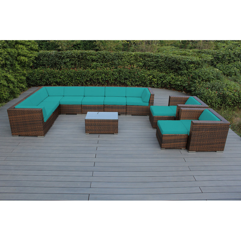 Konen Wicker 8 - Person Seating Group with Cushions - No Assembly, Polyester Turquoise, Mixed Brown