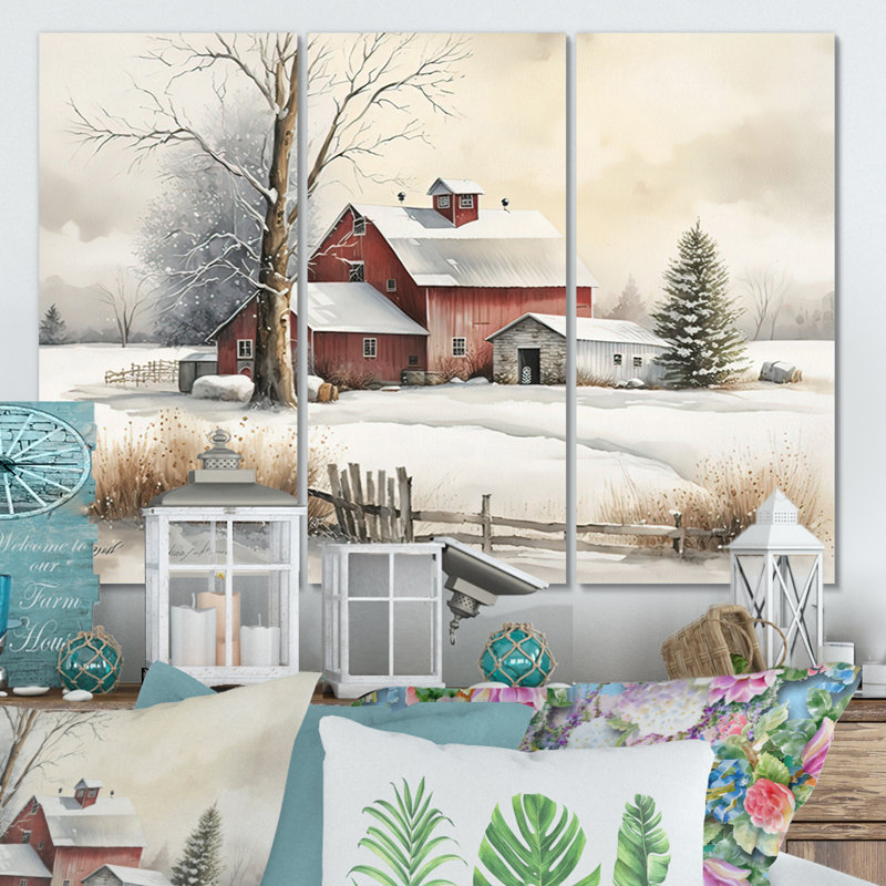 Calm Red Barn In Winter IV - 3 pièces sur toile, H 28 po x l 36 po, Toile tendue