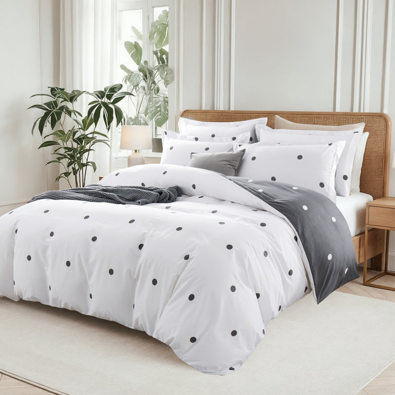 Dual Pattern Reversible Brushed Microfiber Printed Duvet Cover Set With Matching Pillow Covers, White/Black Polka Dots