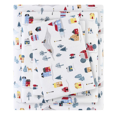 Ensemble de 4 très grands draps imprimés, 100% flanelle de coton, imprimé village blanc, doux et confortable, lavable à la machine -, comprend des draps-housses plats