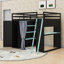 Lit mezzanine en bois pleine grandeur avec poste de travail, garde-robe, tablettes et lumières RVB-632759798