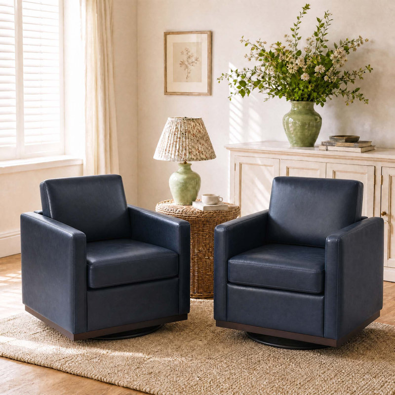 Fauteuil pivotant carré moderne en similicuir bleu marine avec base matel (ensemble de 2), Similicuir bleu marine