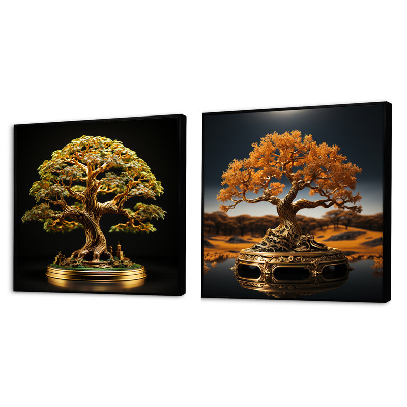 Bonsai Tree Tranquility Expression - Ensemble de 2 collages carrés Bonsai, Cadre noir, H 30 po x l 61 po