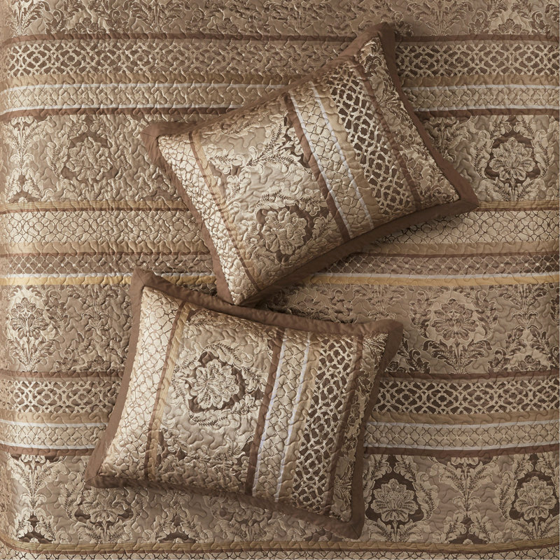 5 Piece Reversible Jacquard Bedspread Set Brown/Gold, King Coverlet + 4 Additional Pieces