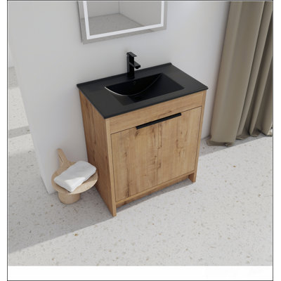 Armoire de salle de bain autoportante avec lavabo et 2 portes d'armoire à fermeture en douceur