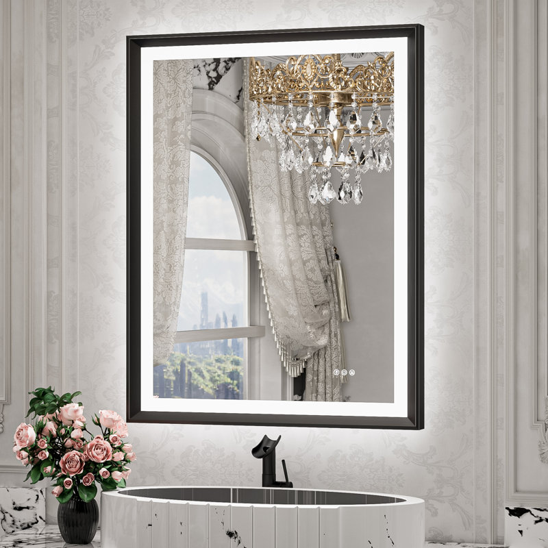 Miroir de salle de bain DEL rétroéclairé New Rockford, 36 po x 28 po, Noir, Rectangulaire