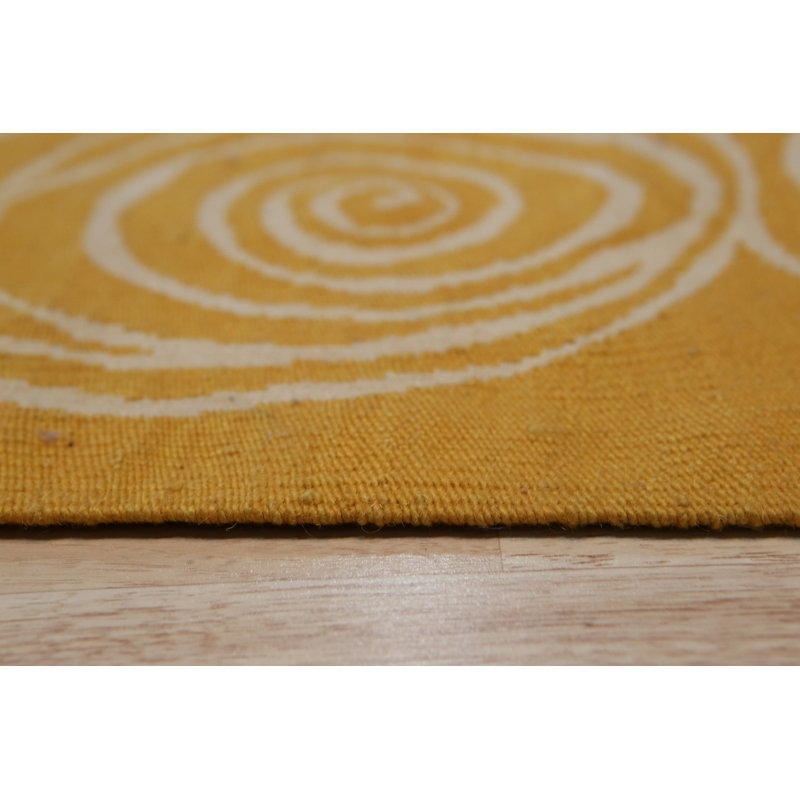 9x12 Yellow Flat Weave Wool Golden Rose Swirl Vintage Mid Century Modern Contemporary Carpet Rug