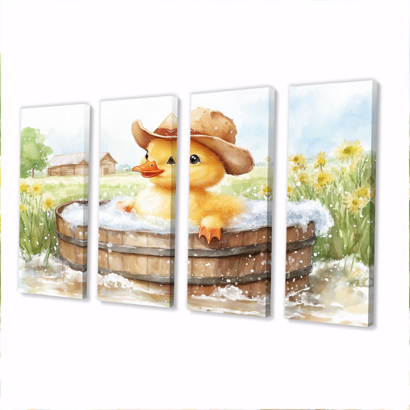 Mignon canard avec un chapeau de cowboy prenant un bain de ferme II - Ensemble de décoration murale de salle de bain