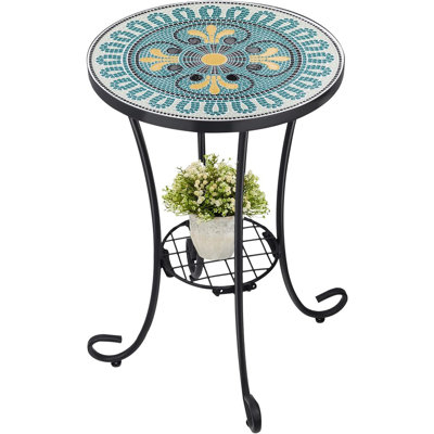 Table d'appoint d'extérieur en mosaïque, table de bout d'appoint de patio avec plateau en mosaïque et structure en métal, petite table ronde pour porche, plage, jardin, balcon et patio (vert)