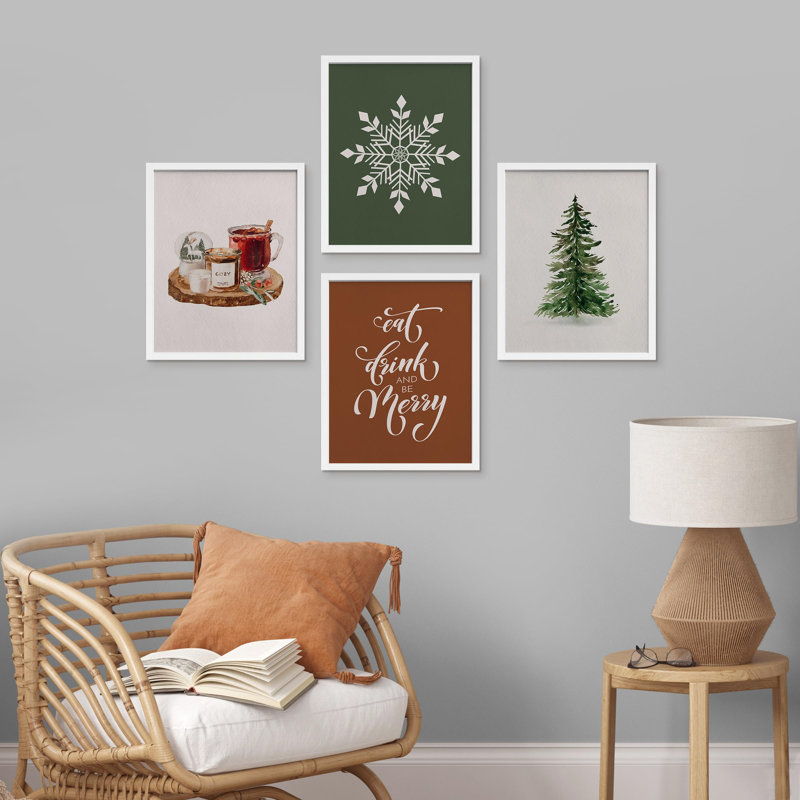 «Merry Christmas Pine Tree Snowflake Mulled Wine», impression sur papier 4 pièces, Blanc, H 14 po x l 11 po