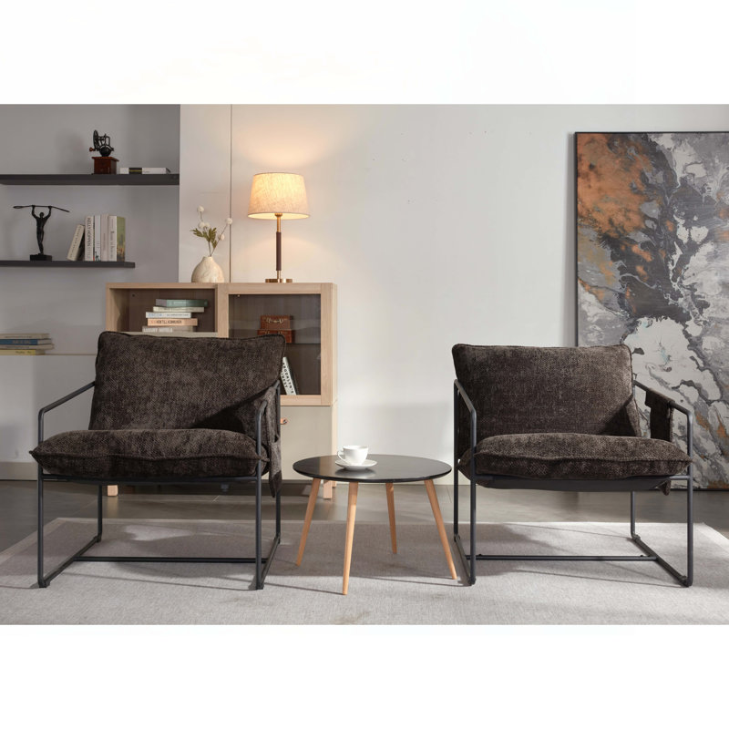 2 Chairs in 1 Box, Upholstered hanging armchair with arm pocket metal frame, Dark Gray Fabric, Black