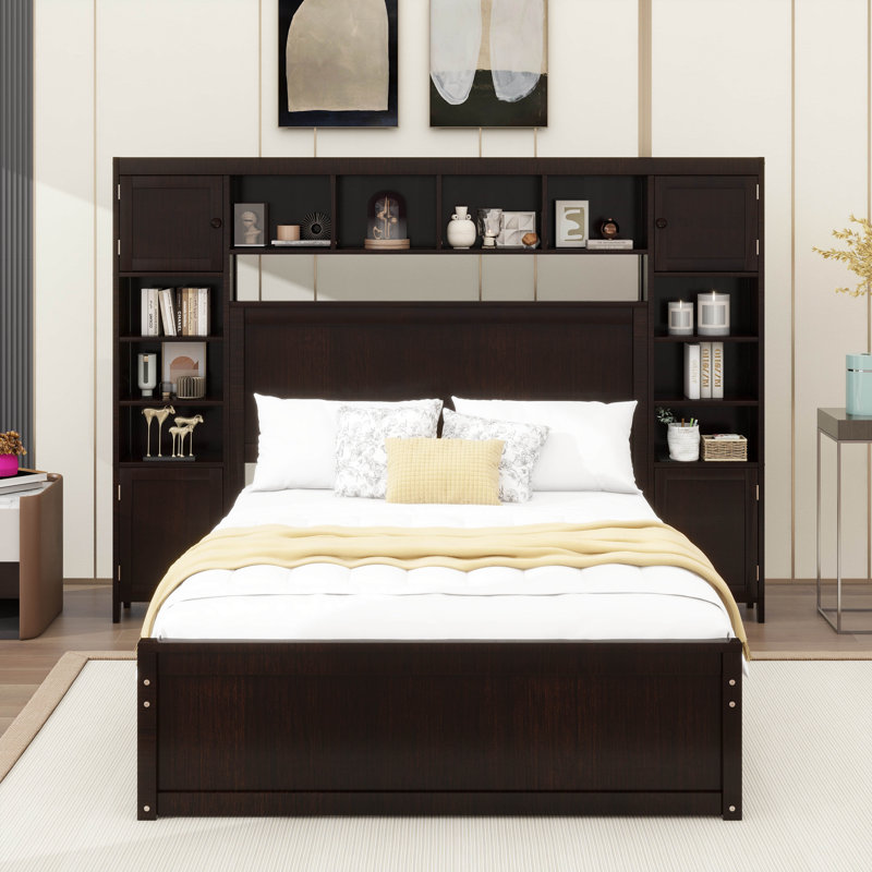 Lit en bois avec armoire tout-en-un, tablette, douilles et lit gigogne, Espresso, Grand