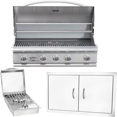 Ensemble de gril de cuisine d'extérieur en acier inoxydable Bullet par Bull, ensemble d'îlot de barbecue au gaz naturel intégré, comprend un gril à 5 brûleurs, une porte à double accès et un brûleur latéral
