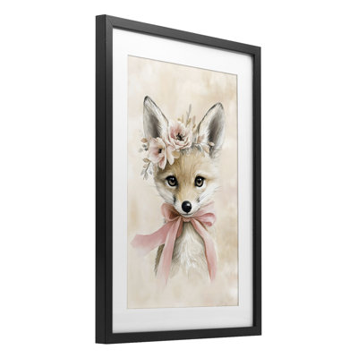 Sweet Baby Fox with Bow Framed Print Under Glass, design by Creative Studio