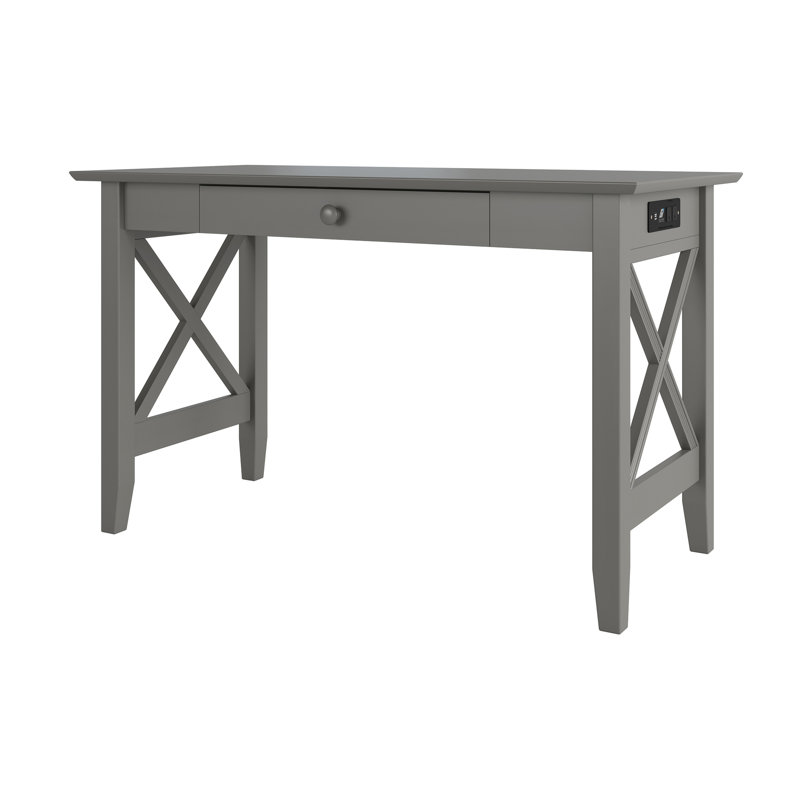 Taci Solid Wood Desk with Drawer and Built-in USB Charger, Gray