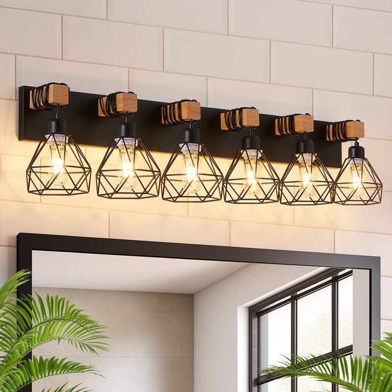 Luminaire de meuble-lavabo noir avec détails en bois et abat-jour en métal, 6, Noir
