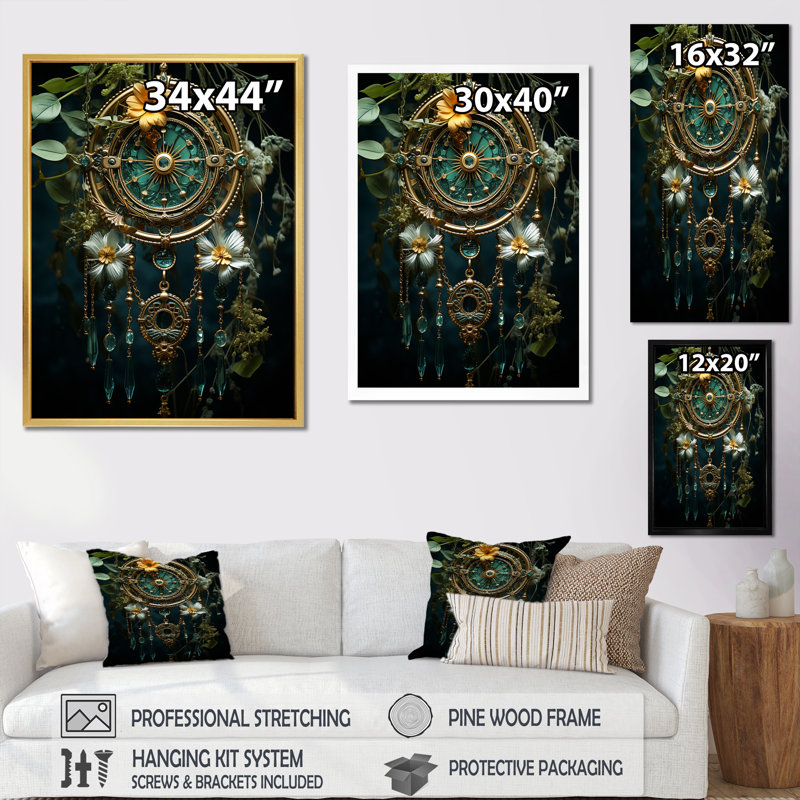 Attrape-rêves noir et vert Oasis II - impression, Toile tendue, H 32 po x l 16 po x P 1 po