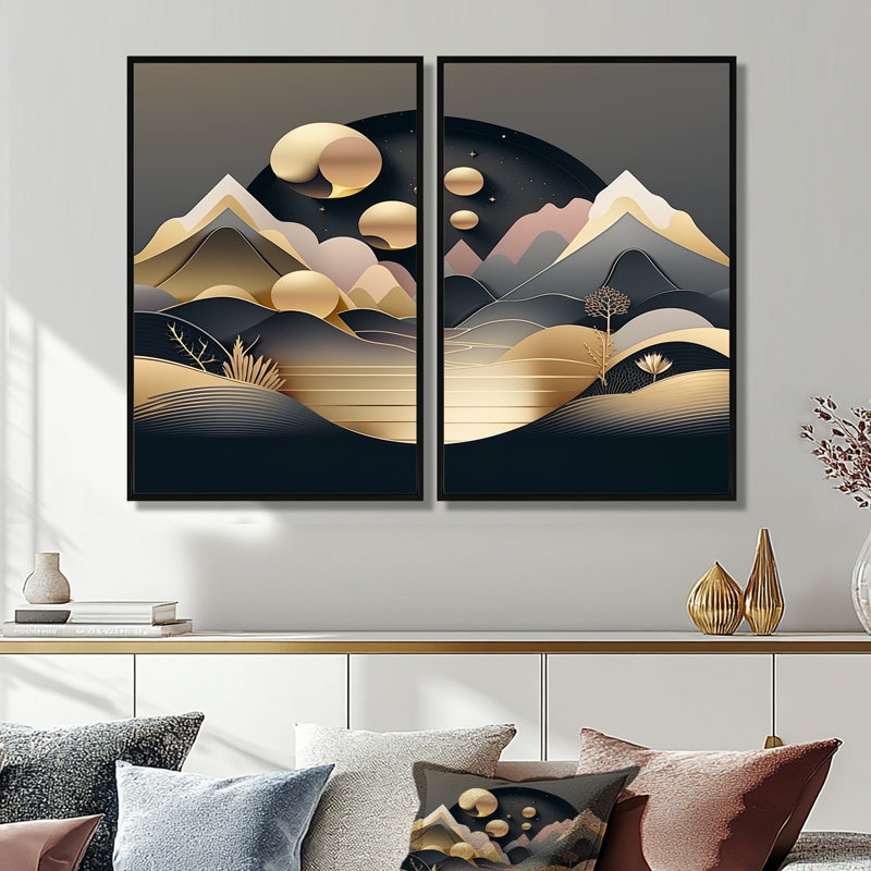 «Dreamy Golden Mountain II», art mural gris 2 pièces, Impression encadrée flottante, H 36 po x l 48 po, Noir
