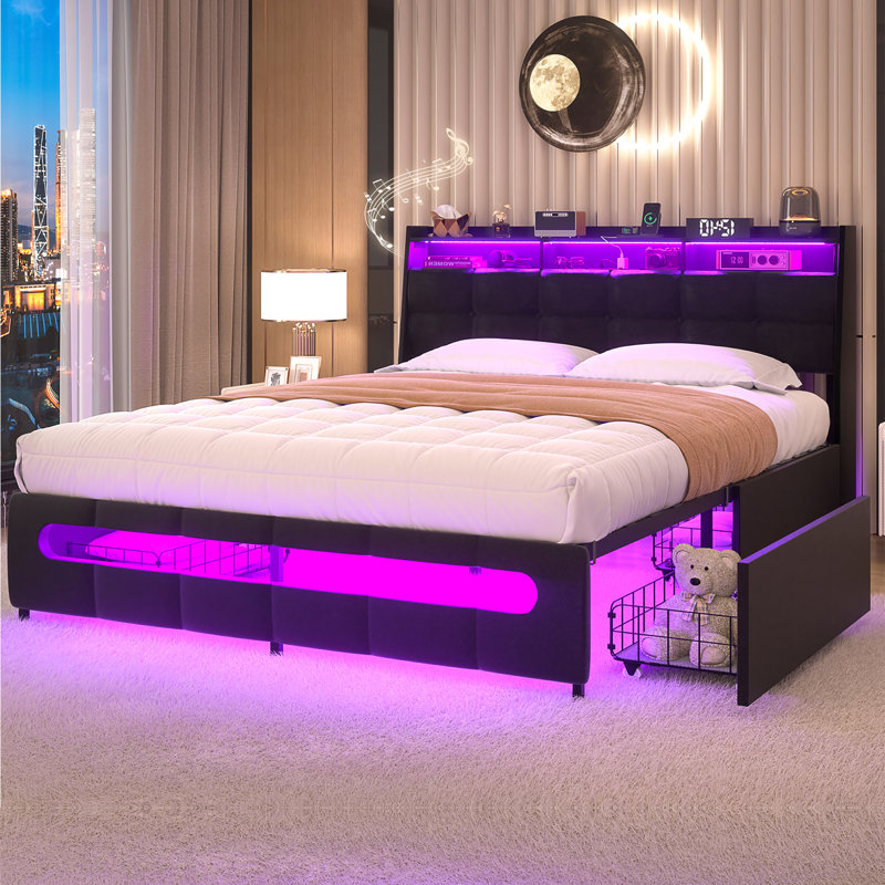 Black Queen Upholstered Bed Frame with LED Lighted Storage Headboard and Drawers