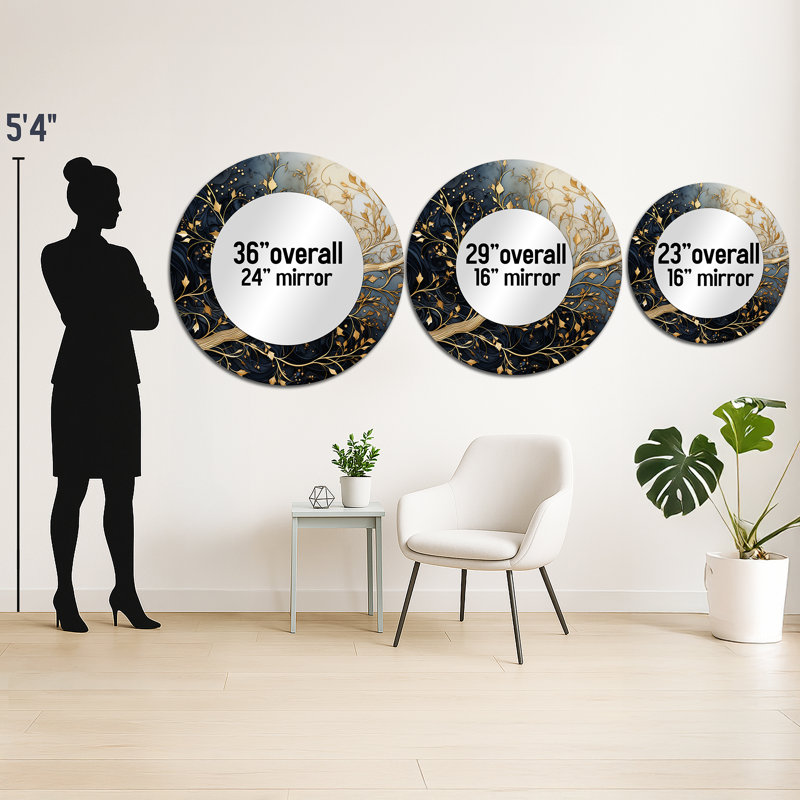 Golden Branch Tree Luminous Leave - Grey light Blue Floral  Wall Mirror, Modern Mirror, Printed Metal Art, 36" x 36", Round
